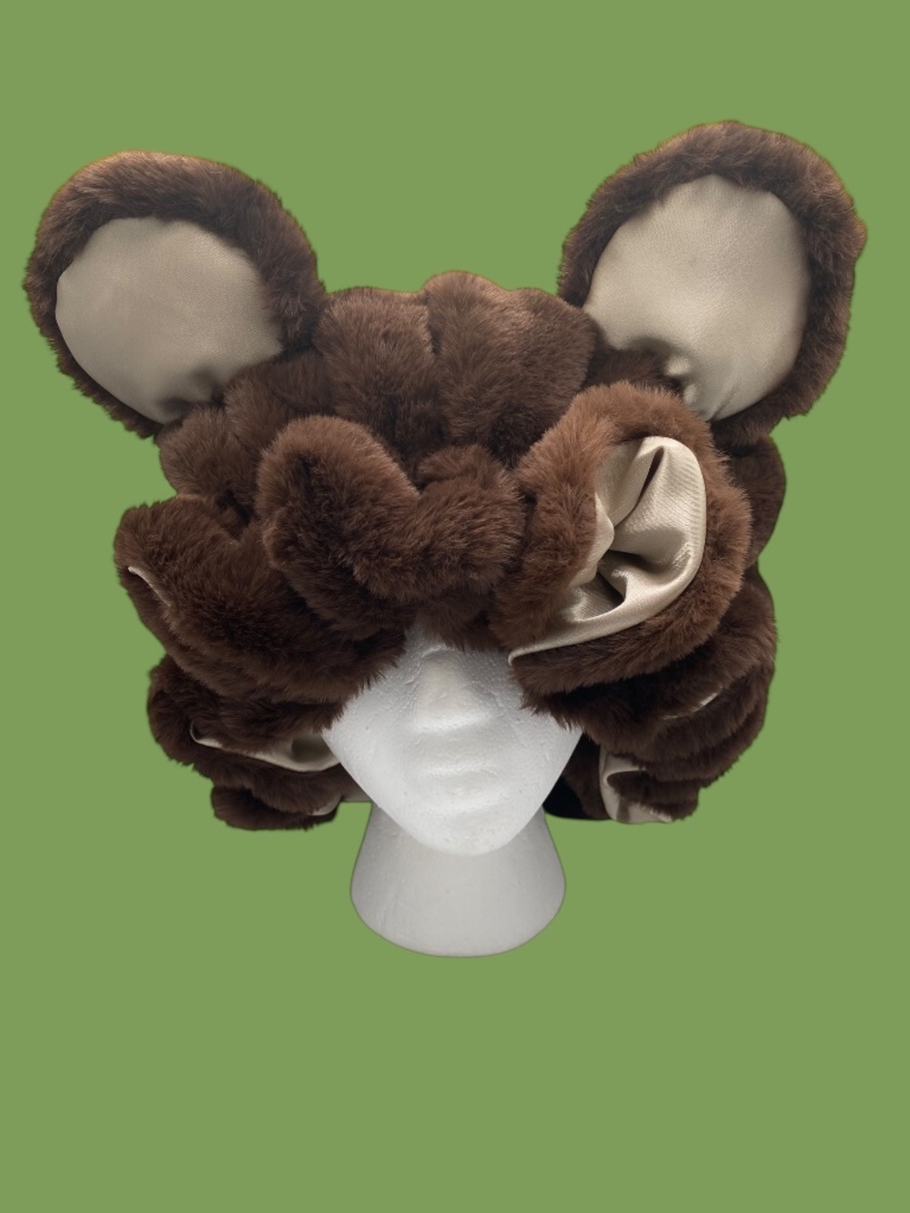 Adjustable Dark Brown Bear Bonnet Handmade Luxury Sherpa Satin-Lined Hair Bonnet